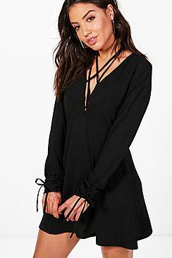 Boohoo Liz Ruched Sleeve Cross Strap Front Skater Dress