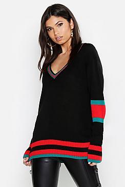 Boohoo Tall Sports Stripe V Neck Jumper