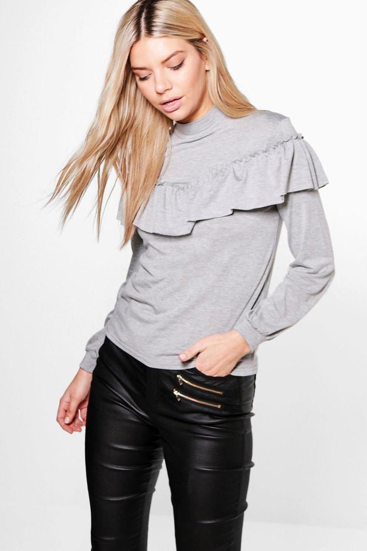Boohoo Mia Ruffle Detail High Neck Top Grey