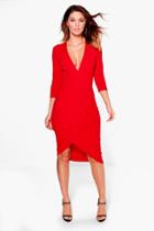 Boohoo Lula Strutured Shoulder Plunge Midi Dress Red