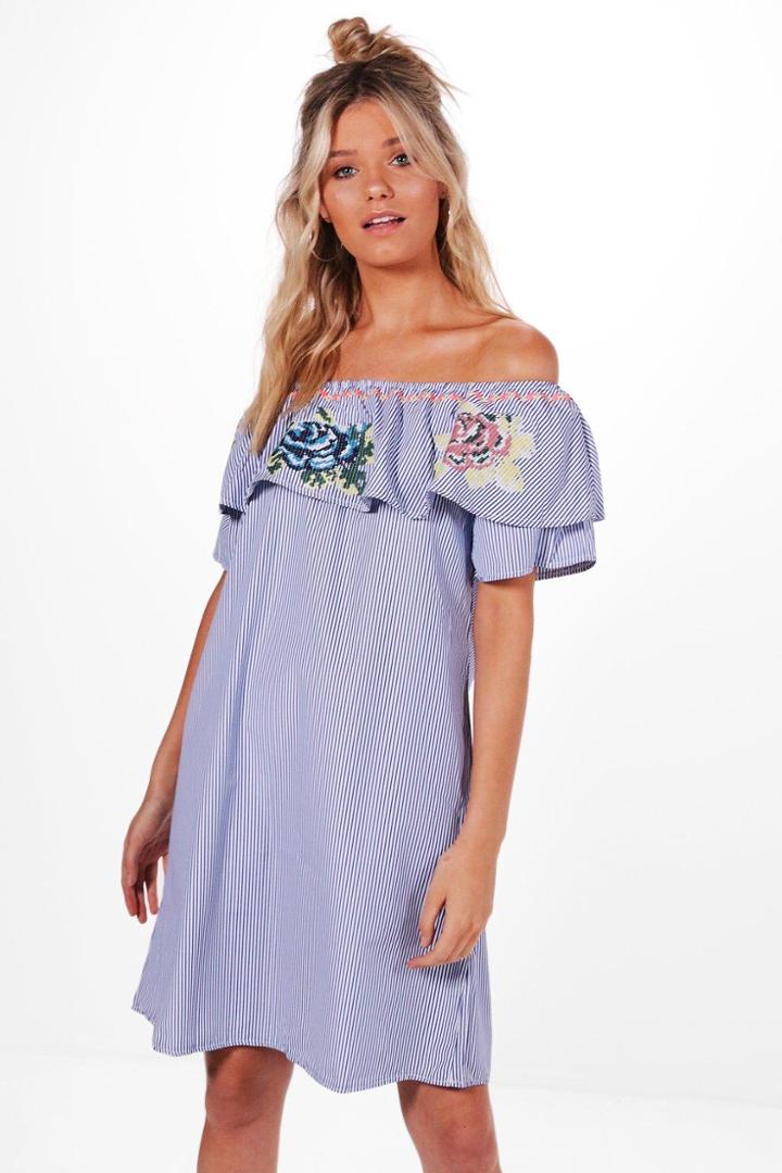 Boohoo Natalie Embroidered Off Shoulder Shift Dress Navy