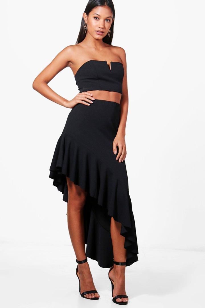 Boohoo Cassia Ruffle Hem Asymetric Maxi Skirt Black