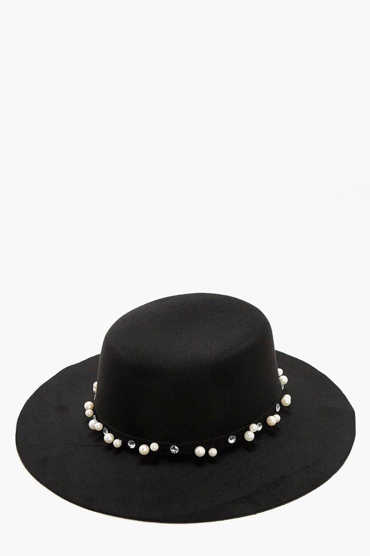Boohoo Lily Pearl Felt Floppy Hat Black