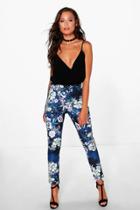 Boohoo Moxie Oriential Floral Skinny Scuba Trousers Blue