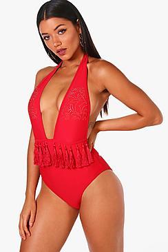 Boohoo Magaluf Tassel Stud Plunge Swimsuit