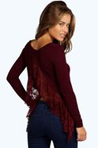 Boohoo Petite Collette Lace Detail Open Back Top Berry