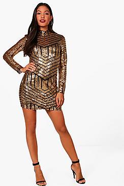 Boohoo Boutique Jo Sequin And Mesh Bodycon Dress