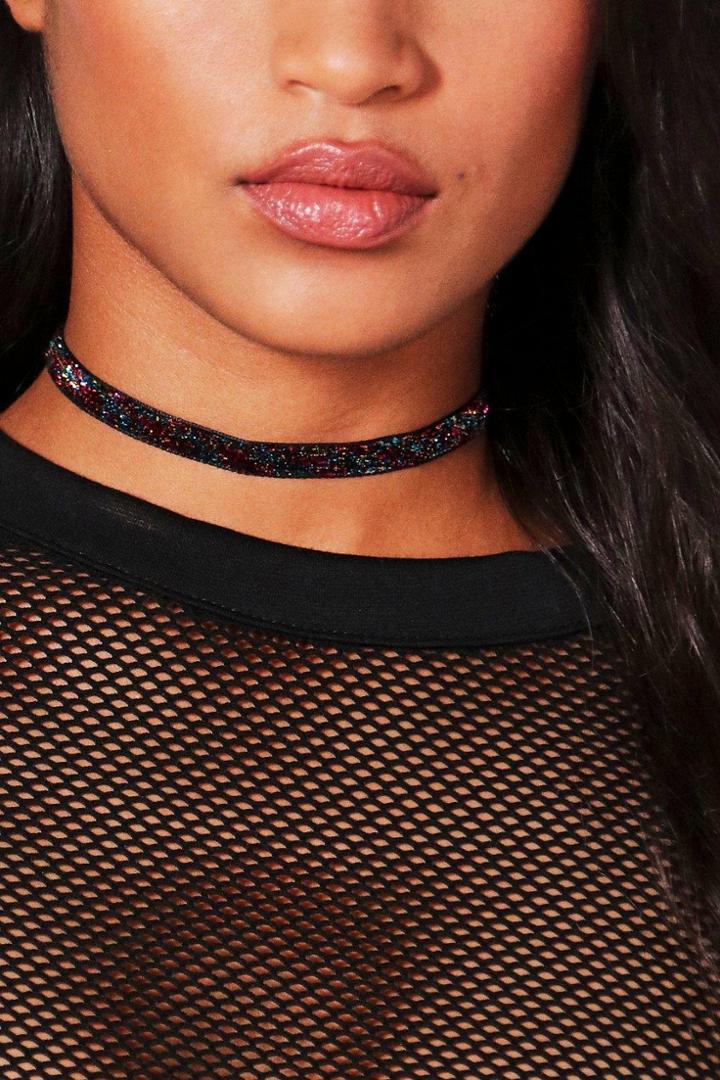 Boohoo Imogen Glitter Rainbow Choker 2 Pack Black