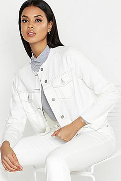 Boohoo White Raw Hem Contrast Stitch Denim Jacket