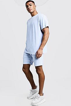 Boohoo Velour Man T-shirt & Short Set With Tape