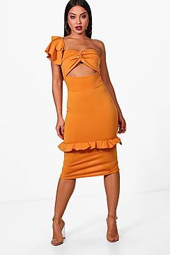 Boohoo One Shoulder Frill Detail Midi Dress