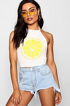 Boohoo Lemon Print Halter Tie Crop Top