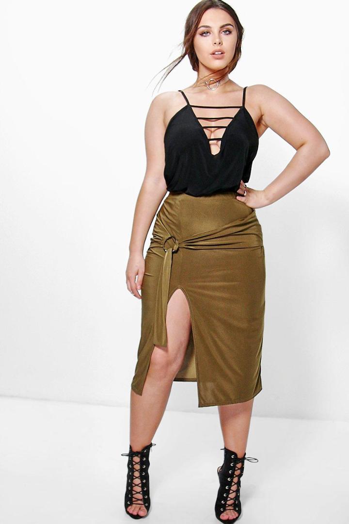 Boohoo Plus Inara Tie Detail Midi Skirt Khaki