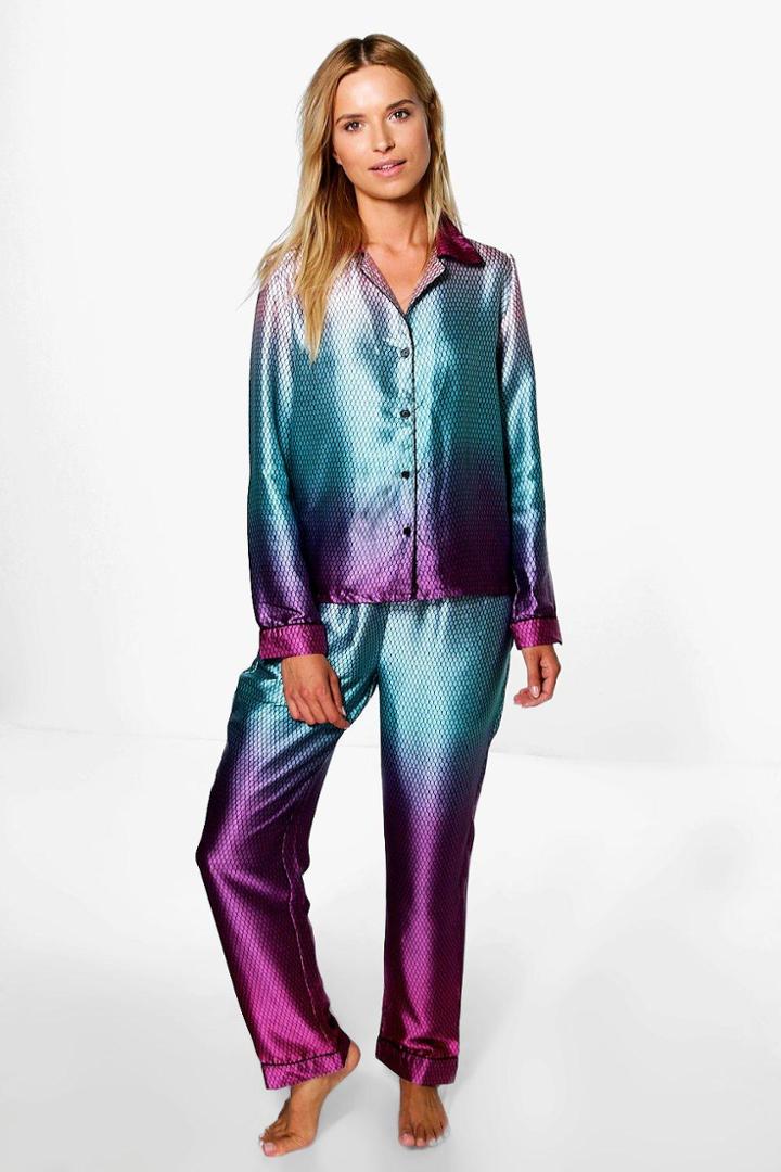 Boohoo Tia Mermaid Print Satin Night Shirt + Trouser Set Multi
