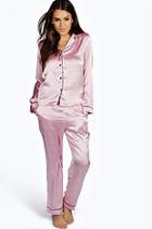 Boohoo Amelia Contrast Piping Button Down Satin Set
