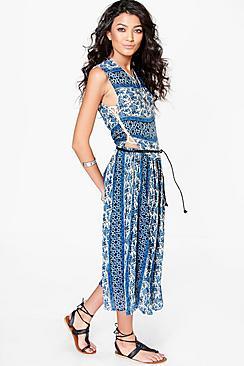 Boohoo Shayna Paisley Lace Up Side Midi Dress