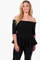 Boohoo Plus Jessica Off The Shoulder Frill Peplum Top Black