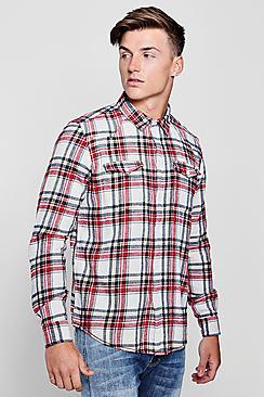 Boohoo Double Pocket Stone Check Long Sleeve Shirt