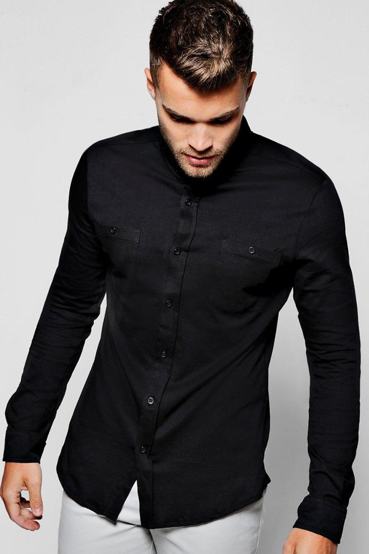 Boohoo Black Long Sleeve Chest Pocket Jersey Shirt Black