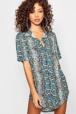 Boohoo Snake Print Woven Dip Hem Mini Shirt Dress