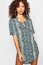 Boohoo Snake Print Woven Dip Hem Mini Shirt Dress