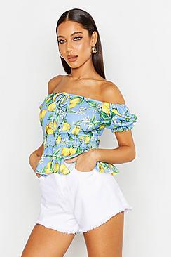 Boohoo Lemon Print Shirred Waist Blouse