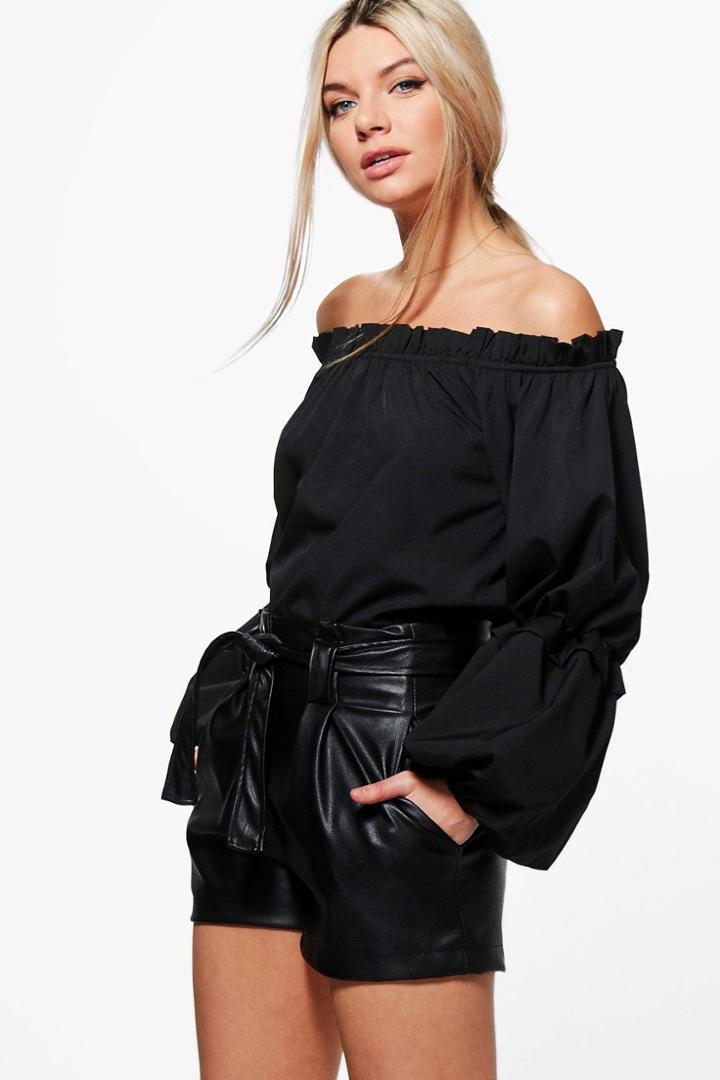 Boohoo Sarah Ruffle Sleeve Bardot Top Black