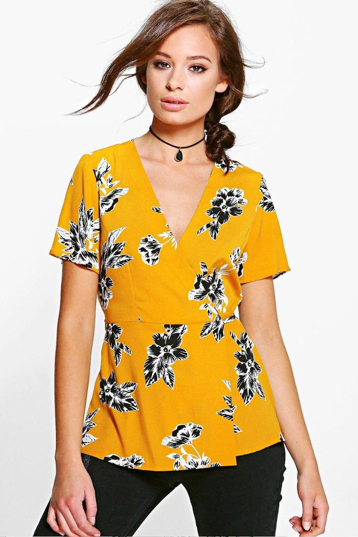Boohoo Valerie Printed Peplum Top Mustard
