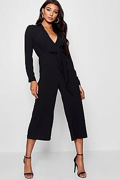 Boohoo Wrap Over Tie Side Culotte Jumpsuit