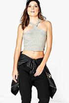 Boohoo Lexi Cross Front Metallic Rib Knit Top