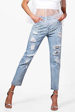 Boohoo Karina Pearl Embellished Mom Jeans