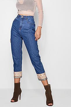 Boohoo Tapestry Hem Straight Leg Jeans