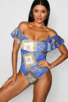 Boohoo Chain Print Ruffle Bandeau Swimsuit