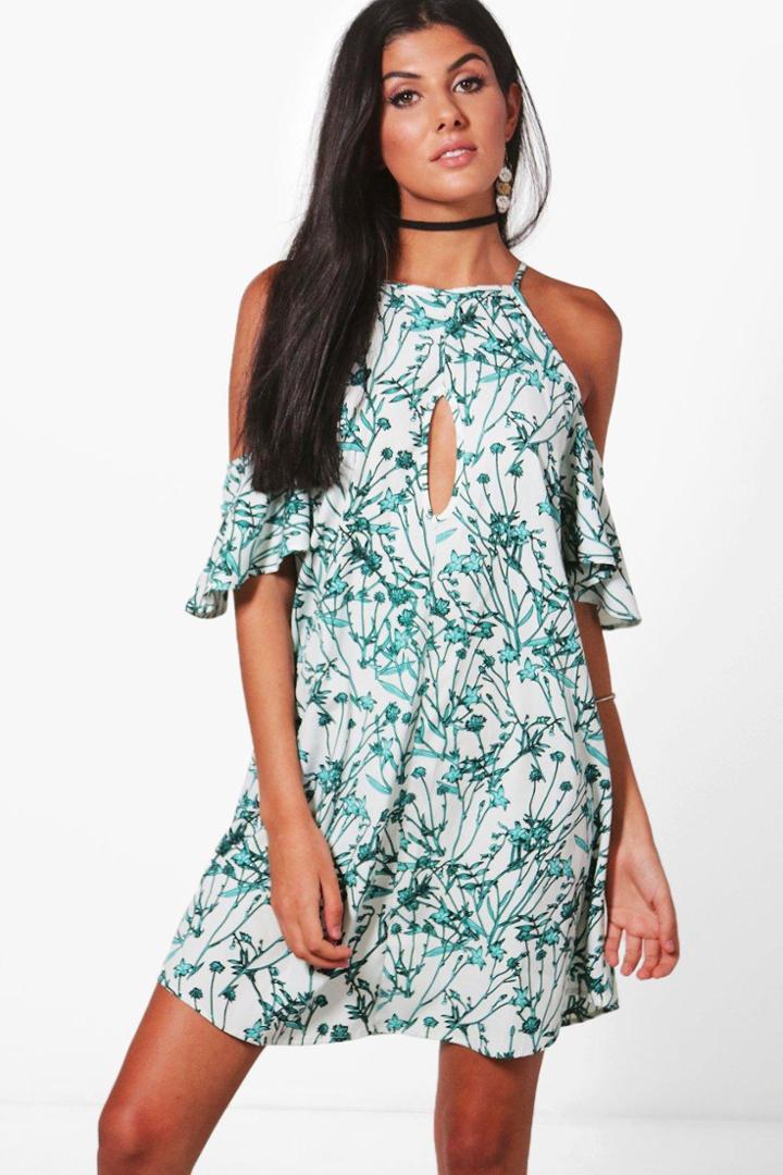 Boohoo Jane Woven Floral Cold Shoulder Skater Dress Multi