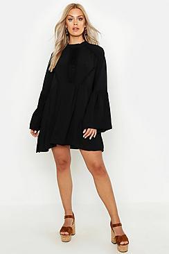 Boohoo Plus Boho Crochet Detail Wide Sleeve Smock Dress
