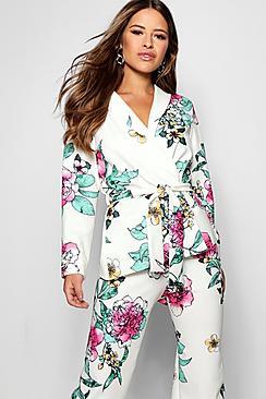 Boohoo Petite Bella Floral Print Belted Blazer