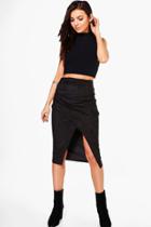 Boohoo Lizzie Rouched Side Asymmetric Suedette Midi Skirt Black