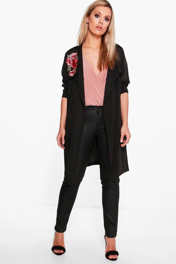 Boohoo Plus Olivia Embroidered Duster Jacket Black