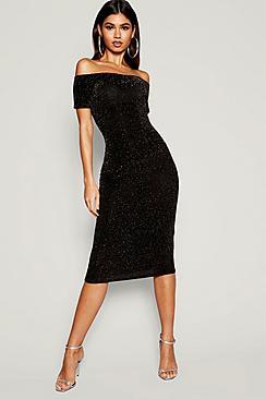 Boohoo Shimmer Off Shoulder Midi Dress