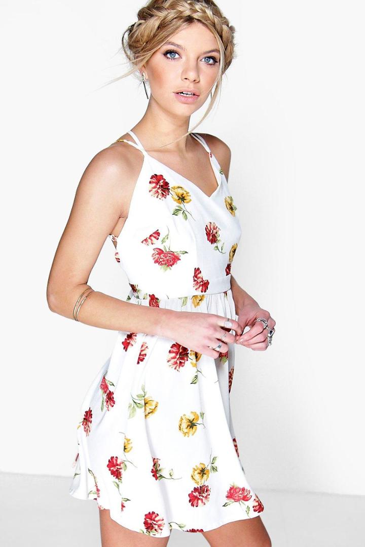 Boohoo Ariane Floral Print Woven Skater Dress White