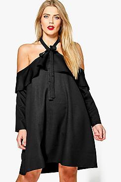 Boohoo Plus Harriet Open Shoulder Frill Detail Swing Dress