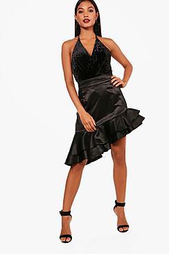 Boohoo Matte Satin Drop Ruffle Hem Midi Skirt