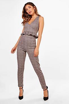 Boohoo Rita Check Plunge Crop And Skinny Trouser Set