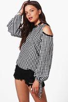 Boohoo Sophie Lace Trim Open Shoulder Gingham Blouse