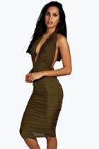 Boohoo Flora Ruched Side Plunge Halter Slinky Dress Khaki