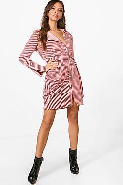 Boohoo Yasmin Belted Asymmetric Collar Shirt Dress