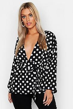 Boohoo Plus Spot Print Plunge Kimono Sleeve Top