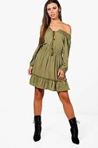 Boohoo Petite Off Shoulder Boho Tassel Skater Dress