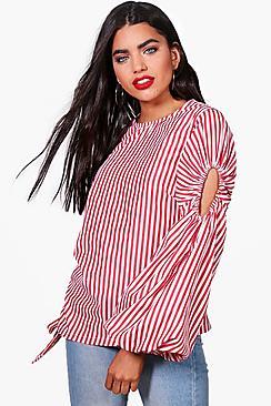 Boohoo Neave Striped Balloon Sleeve Ruched Side Top