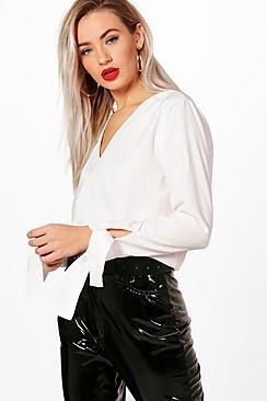 Boohoo Sadie Textured Tie Detail Blouse